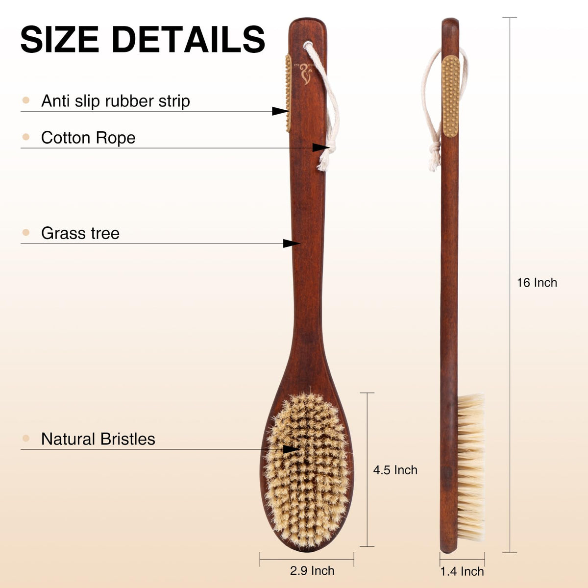 NENO CICI brush hanging by hook in shower to speed drying and storage
