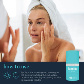 NEOCUTIS applying cream under eye demonstrating gentle dabbing for reduced puffiness