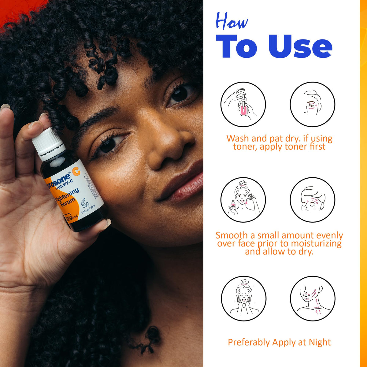 Neoprosone ingredient focus featuring vitamin C and alpha arbutin for brightening