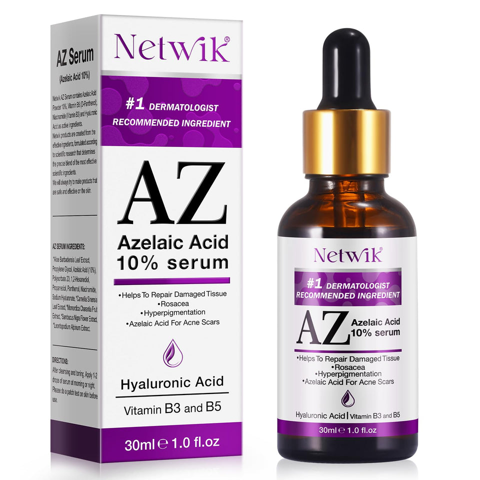 Netwik front packaging showing clear azelaic acid serum bottle and benefit of calmer skin