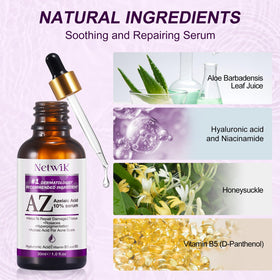 Netwik ingredient label close-up highlighting azelaic acid, niacinamide, and hyaluronic benefits