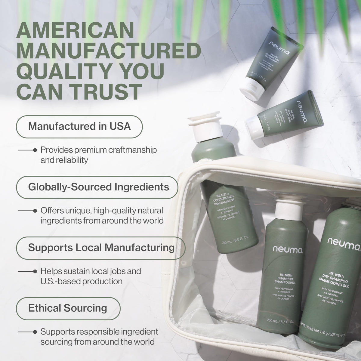 NEUMA label detail highlighting ingredient list and vegan, sulfate-free benefits for transparency
