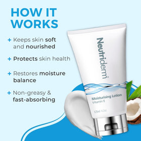 NEUTRIDERM close-up of product label highlighting Vitamin E and clean formula benefit