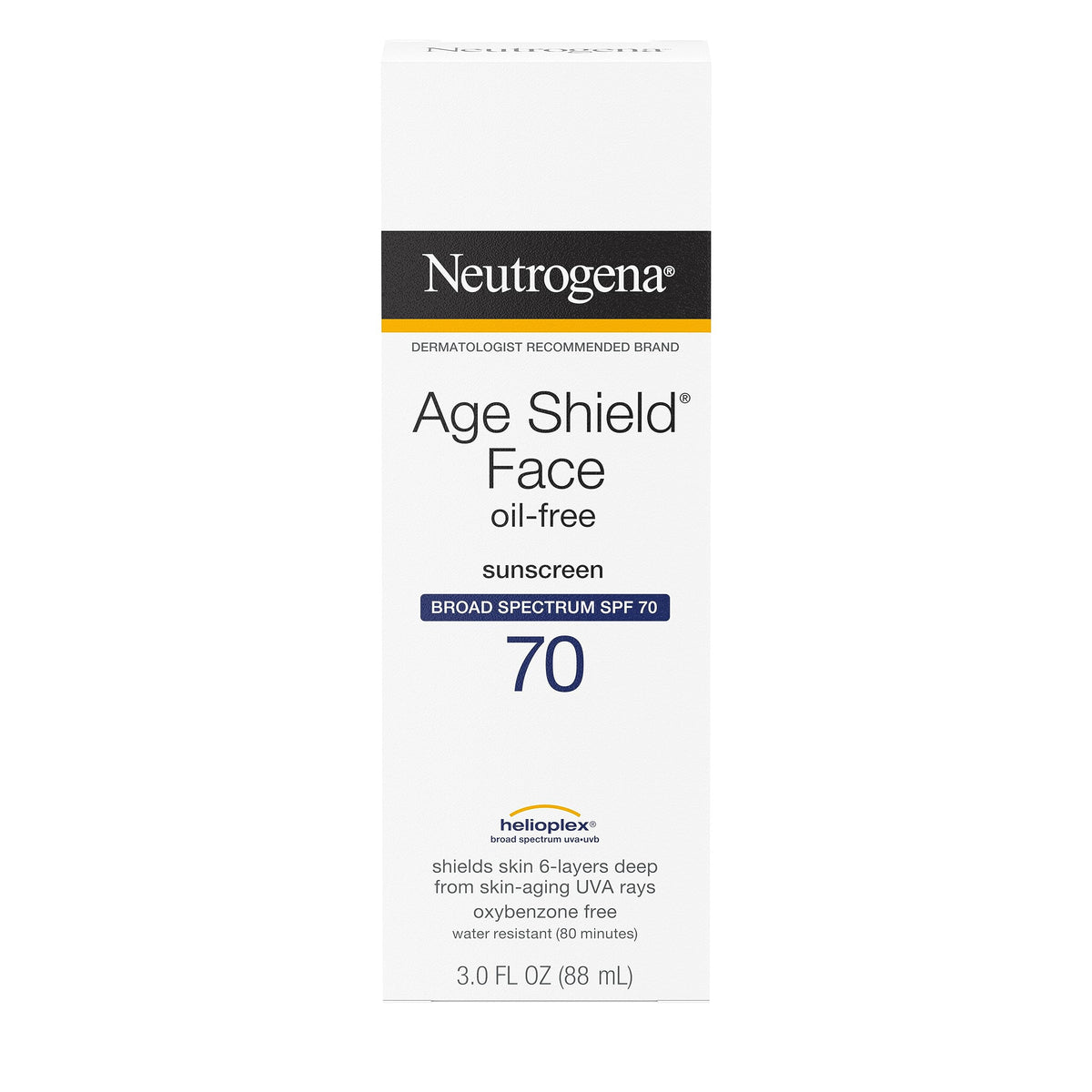Closeup of Neutrogena tube label highlighting broad spectrum filters and oil-free benefit