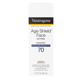 Closeup of Neutrogena tube label highlighting broad spectrum filters and oil-free benefit