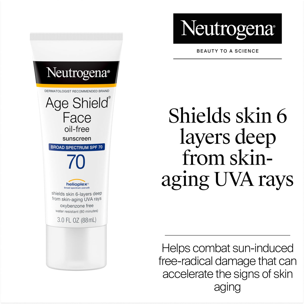 Neutrogena age shield tube closeup label highlighting broad-spectrum technology