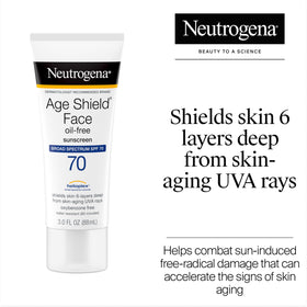 Neutrogena age shield tube closeup label highlighting broad-spectrum technology