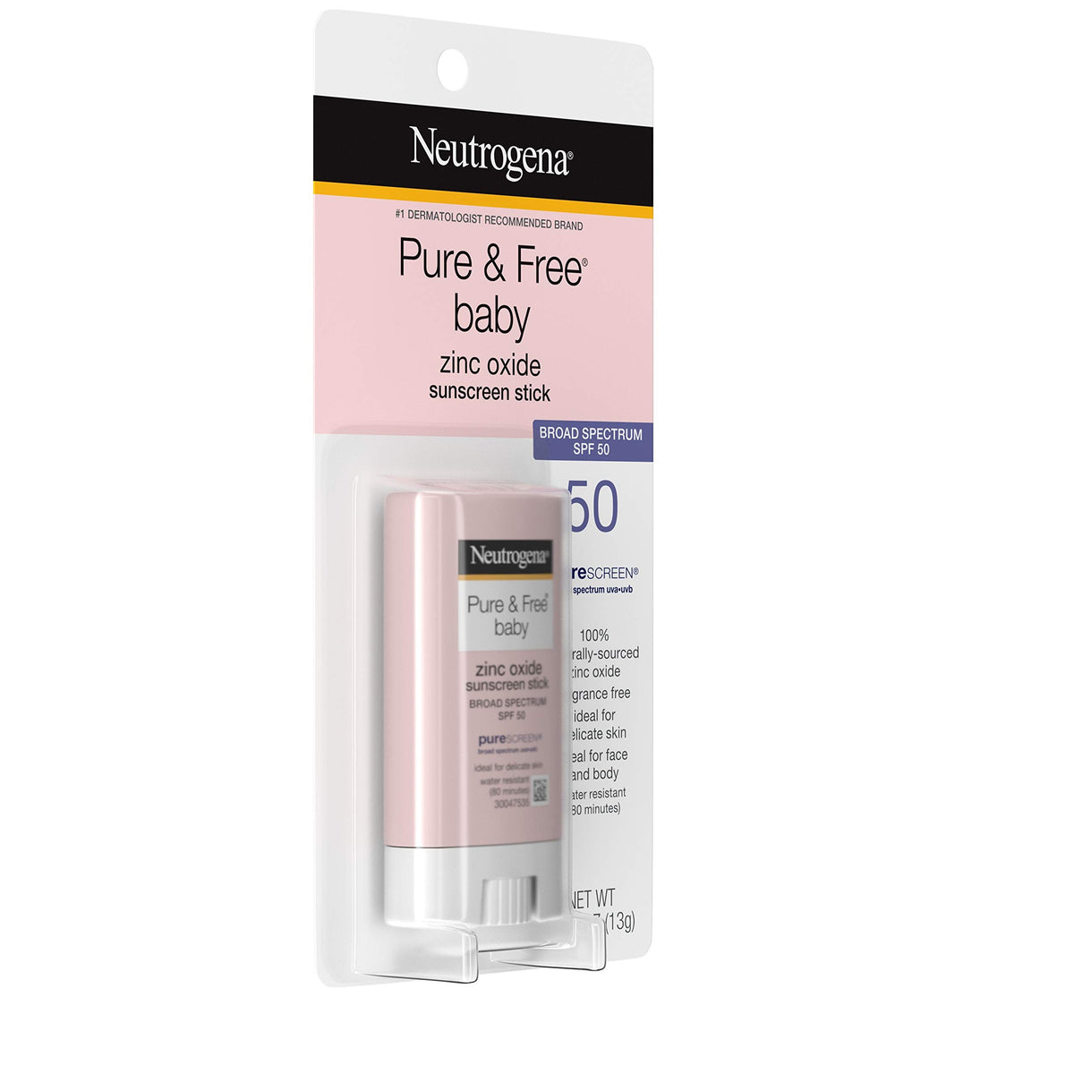 Neutrogena baby sunscreen stick in adult hand illustrating compact 0.47 oz size for travel