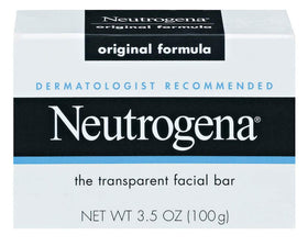Neutrogena bar displayed on bathroom shelf with soap dish, illustrating travel-ready and daily convenience