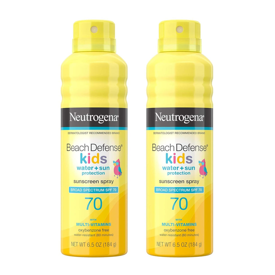 Neutrogena Beach Defense front packaging showing two cans for family convenience