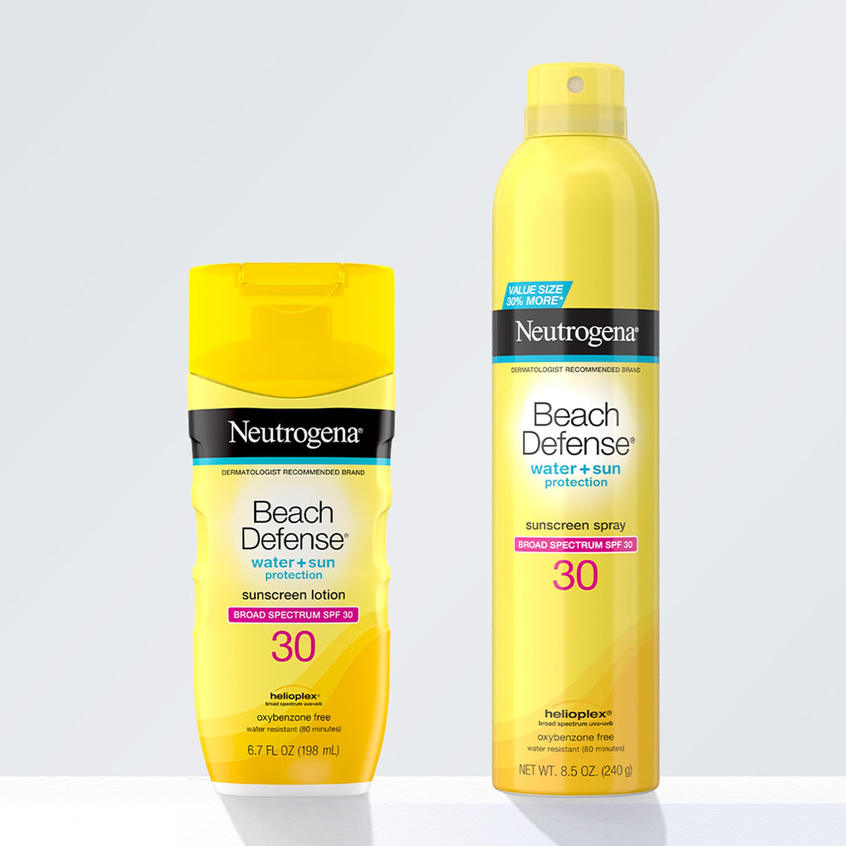 Neutrogena 8.5 oz can next to sunglasses and towel for scale
