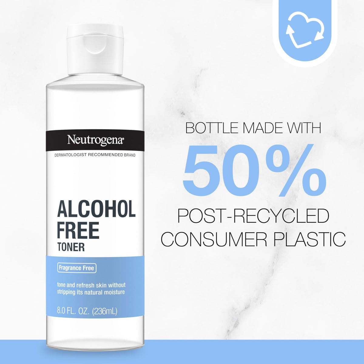 Neutrogena bottle arranged with other skincare to show routine compatibility