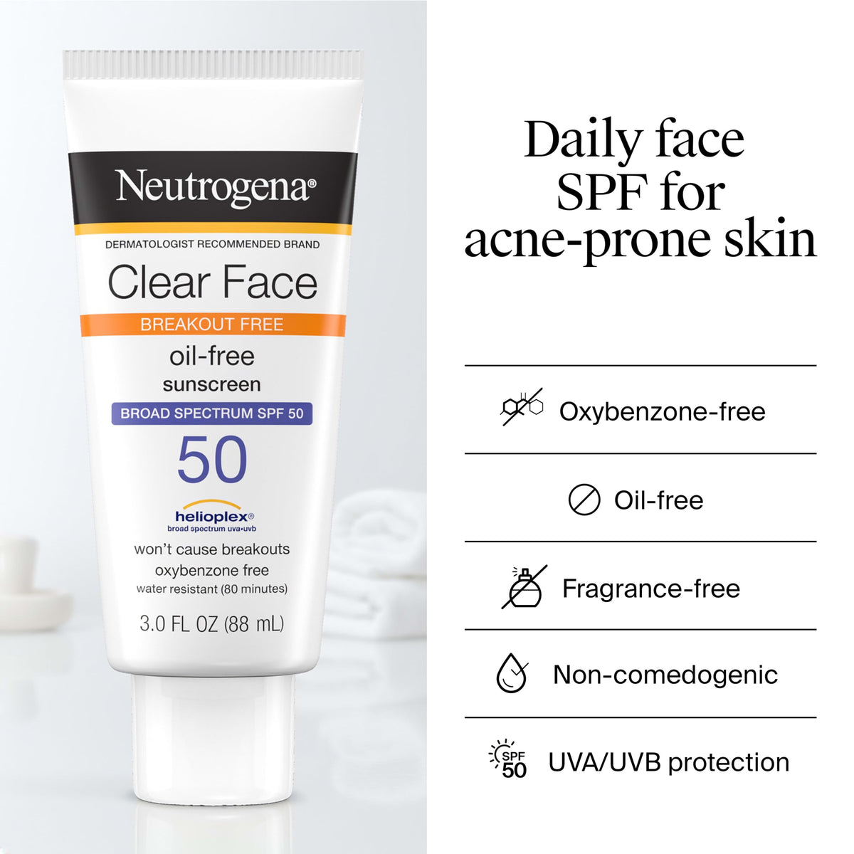 Neutrogena label detail highlighting oil-free and oxybenzone-free benefit