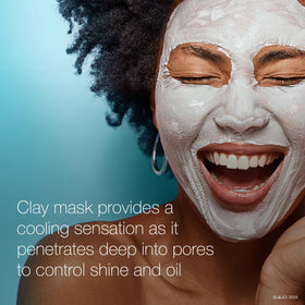 Neutrogena applying clay mask on cheek showing deep‑clean cooling effect