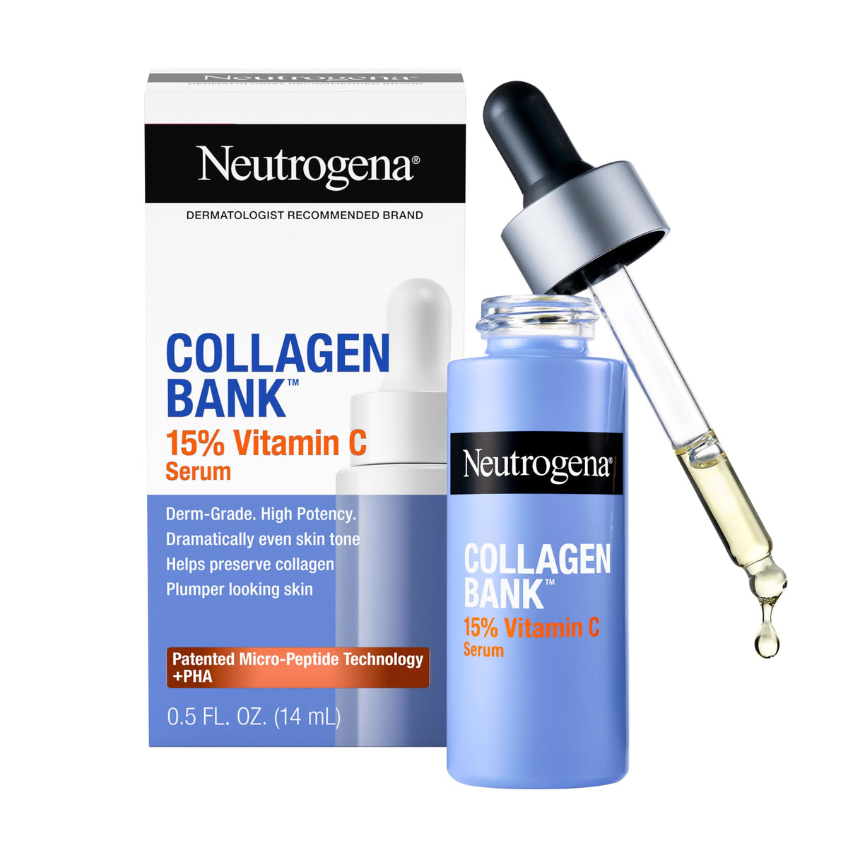 Neutrogena Collagen Bank front packaging showing bottle and box, clear benefit of trusted skincare