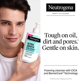 Neutrogena foam texture on hand demonstrating softness, benefit: lifts dirt without harsh rubbing