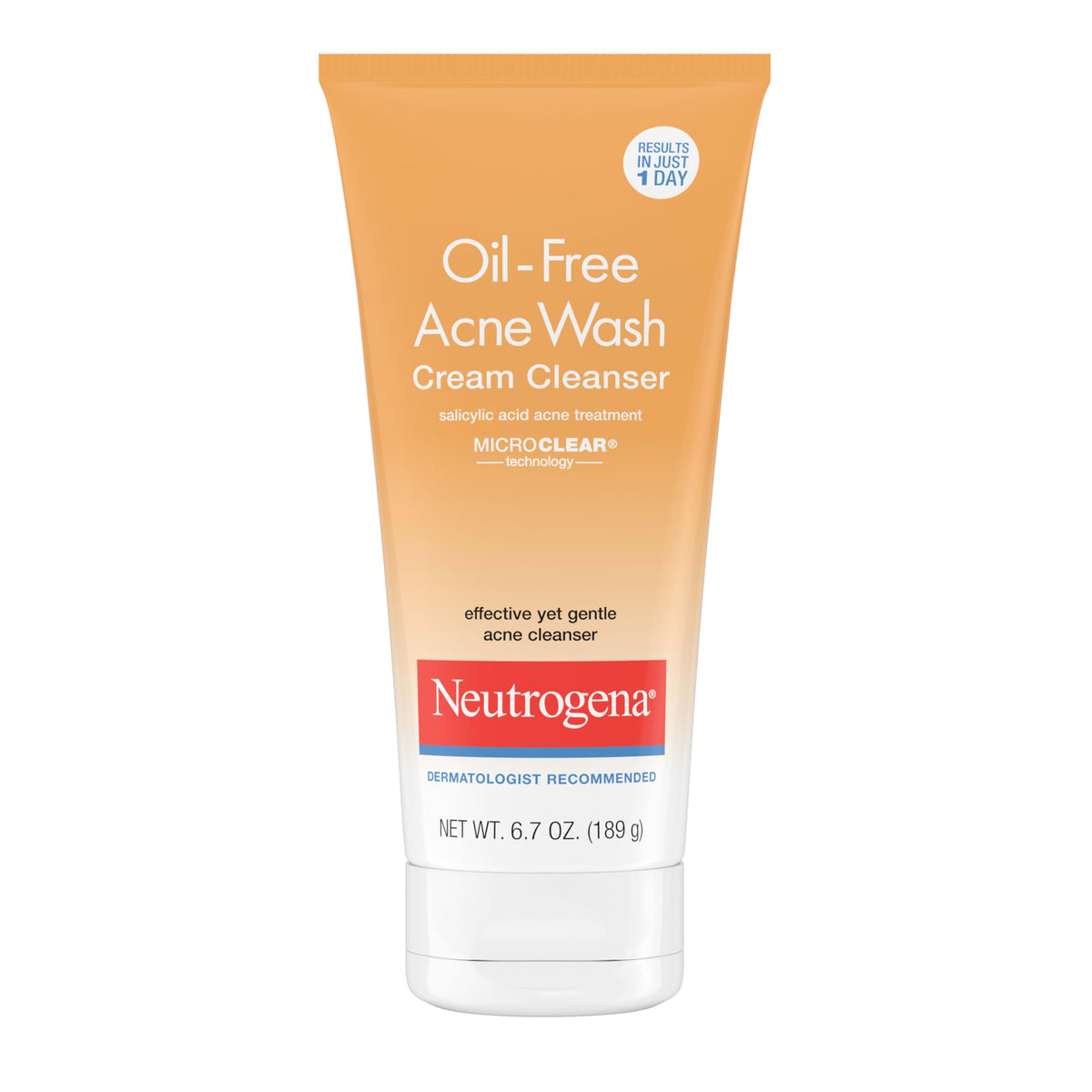 Neutrogena front packaging showing 6.7 oz bottle and clear acne treatment benefit