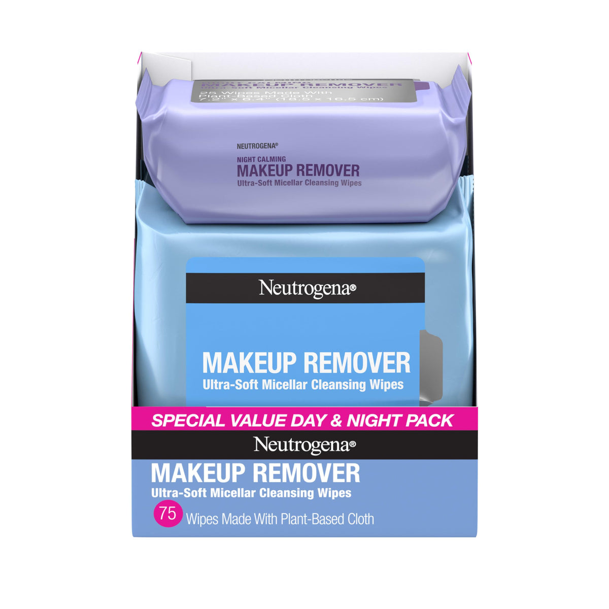 Neutrogena front packaging of three 25-count packs showing convenience and plant-based benefit