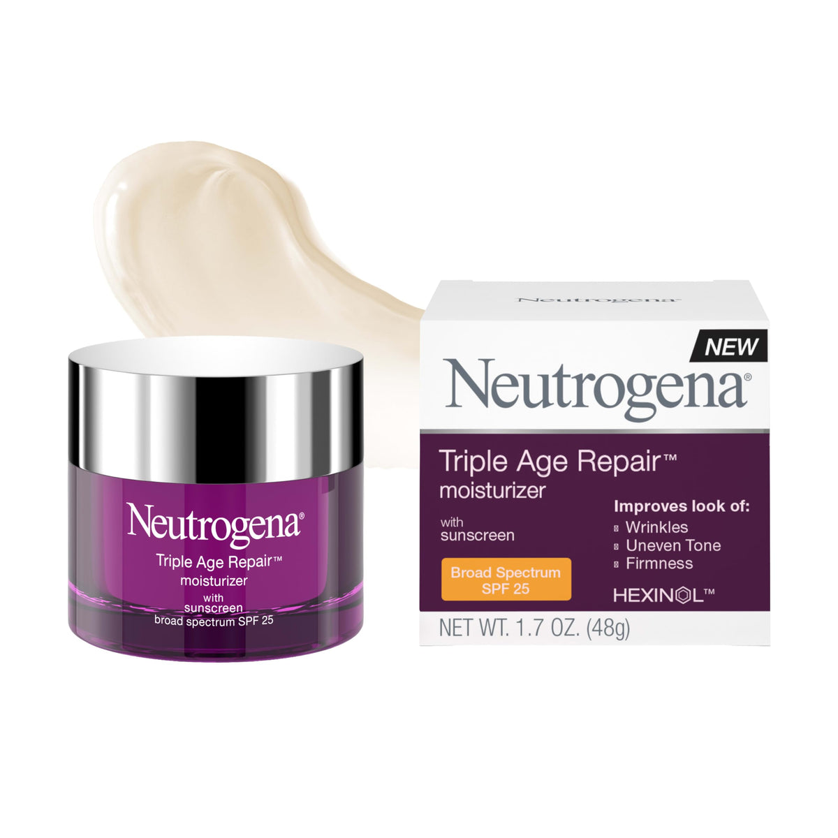 Neutrogena front packaging showing Triple Age Repair SPF 25 and benefits