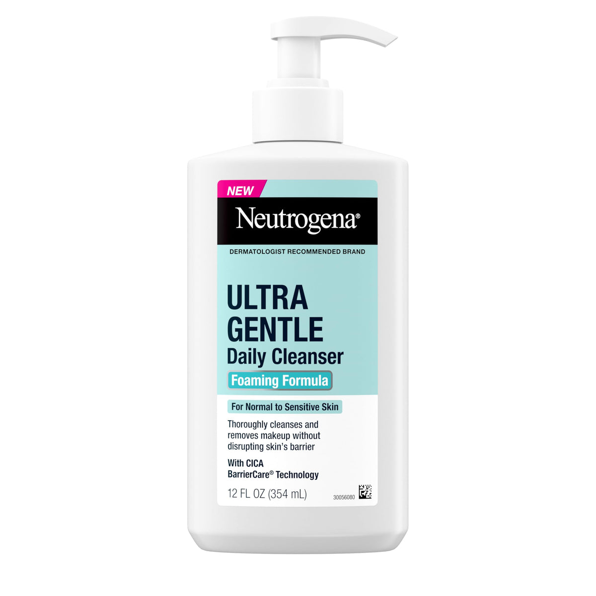Neutrogena front packaging of Ultra Gentle 12 fl oz, clear visible label and pump benefit: easy daily use