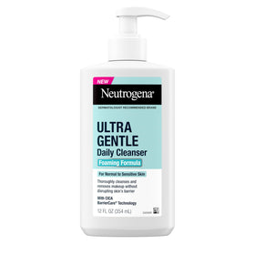 Neutrogena front packaging of Ultra Gentle 12 fl oz, clear visible label and pump benefit: easy daily use