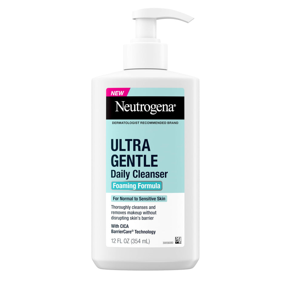 Neutrogena front packaging of Ultra Gentle 12 fl oz, clear visible label and pump benefit: easy daily use