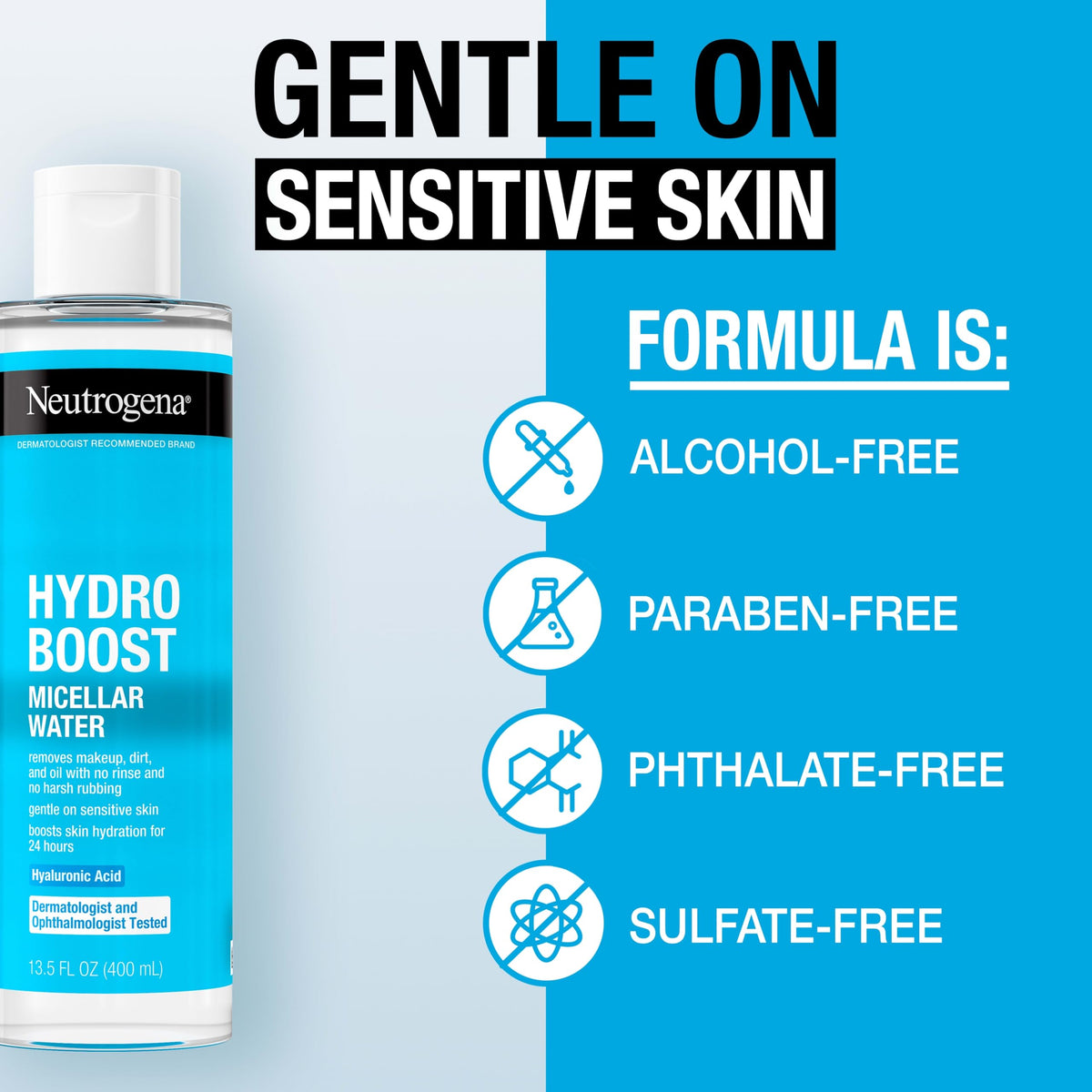 Neutrogena bottle beside a ruler showing 13.5 fl oz size for travel convenience