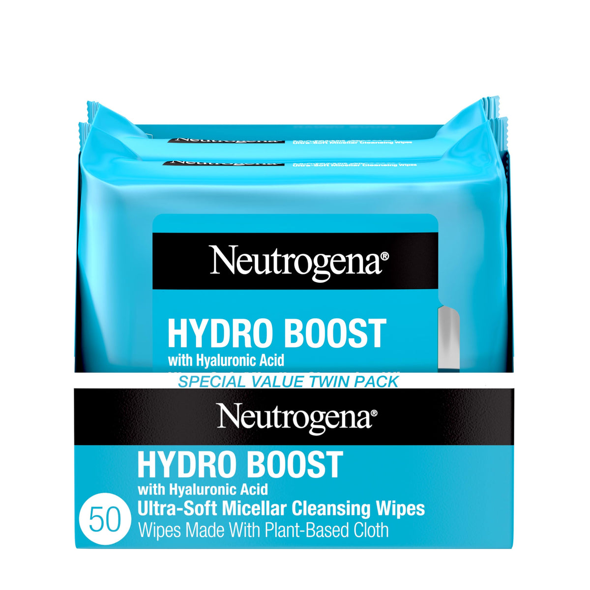 Neutrogena front packaging showing 25-count Hydro Boost wipes and benefits