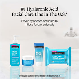 Neutrogena label with hyaluronic acid ingredient callout and support