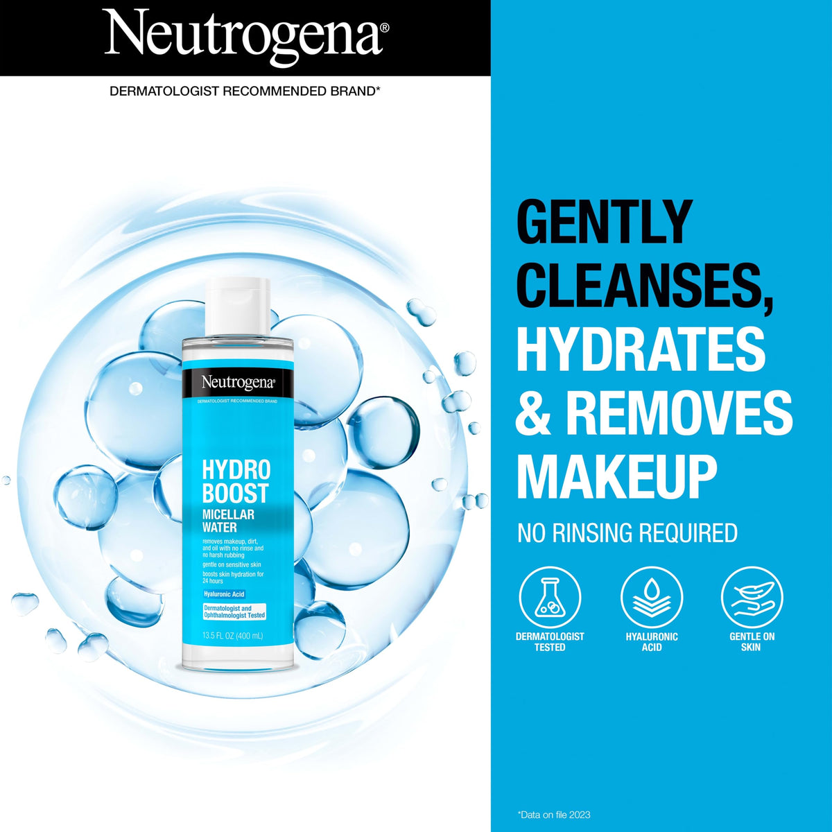 Neutrogena label close-up highlighting hyaluronic acid and gentle formula benefit