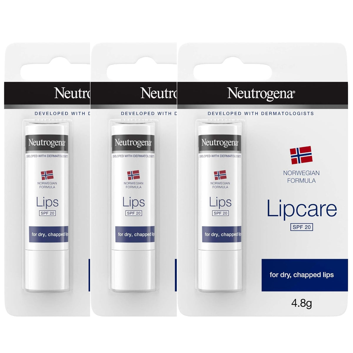 Neutrogena lipcare stick front packaging showing SPF 20 and moisturizing benefits