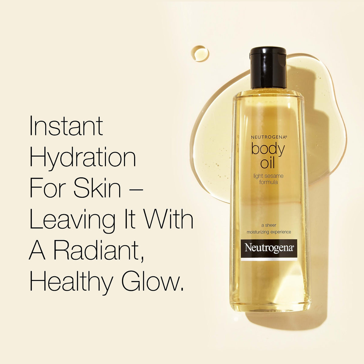Neutrogena oil pouring a drop onto hand for easy application and quick absorption