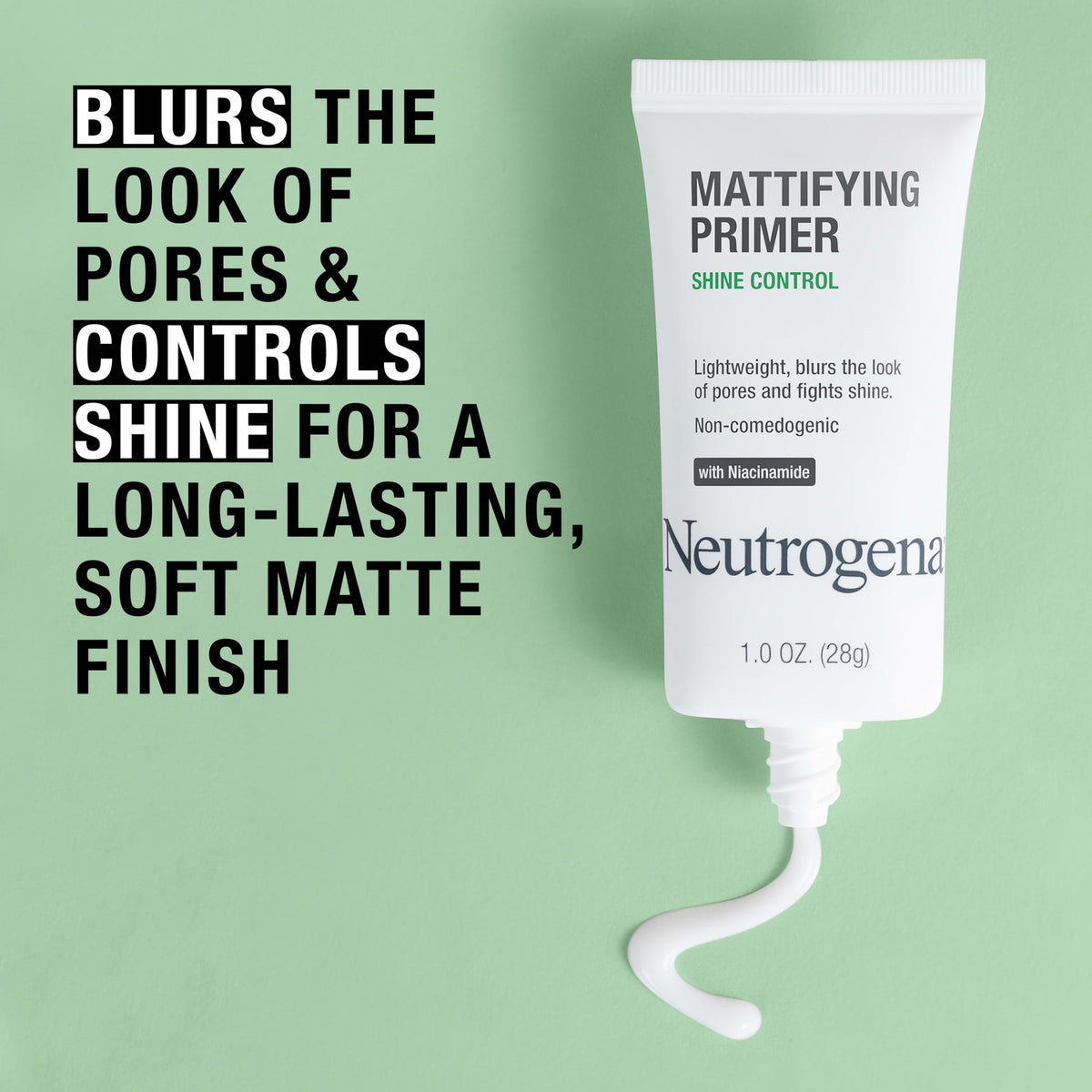 Neutrogena 1 oz primer next to makeup items showing compact, travel-friendly size