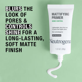 Neutrogena 1 oz primer next to makeup items showing compact, travel-friendly size