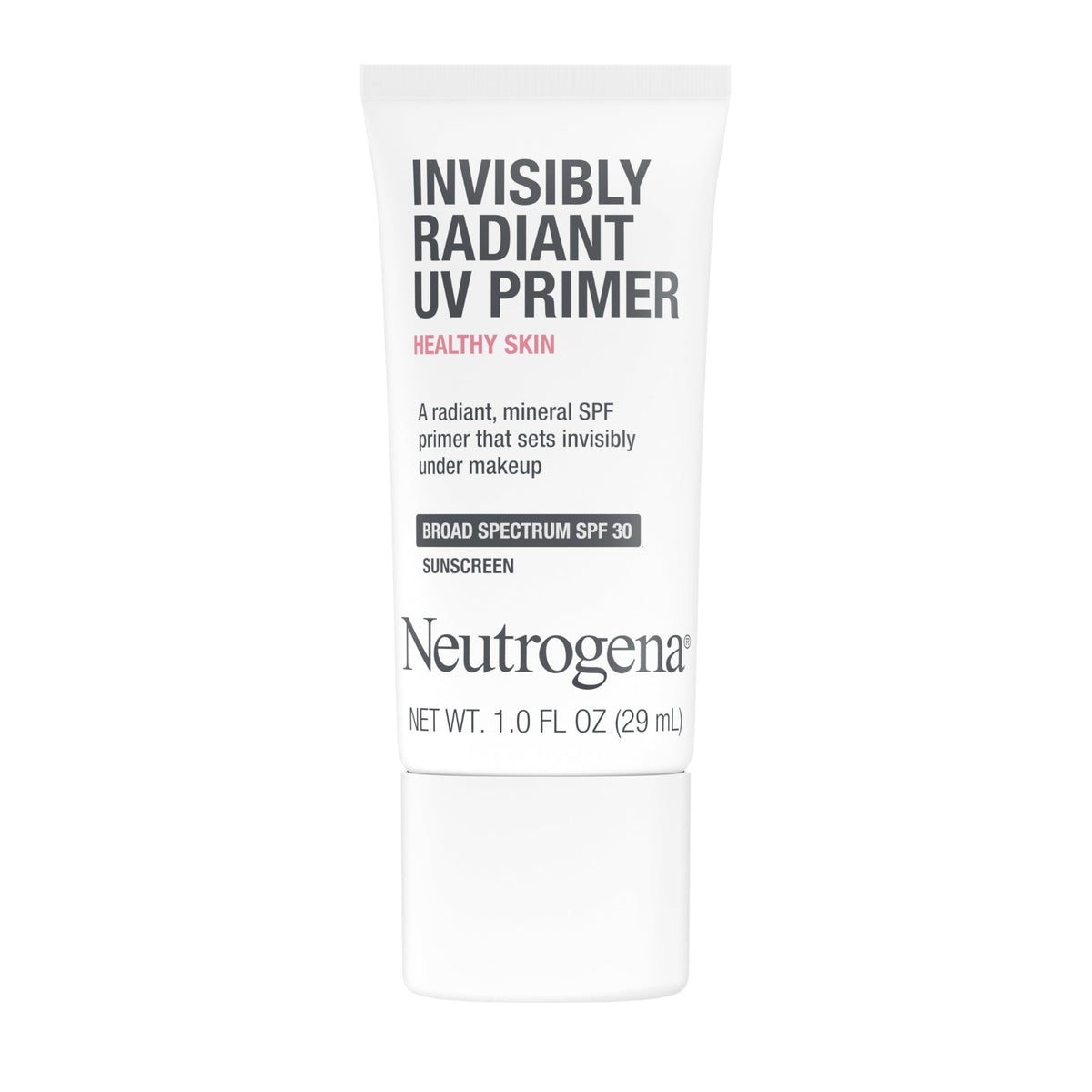 Neutrogena front packaging of SPF 30 face primer showing bottle and label for easy identification