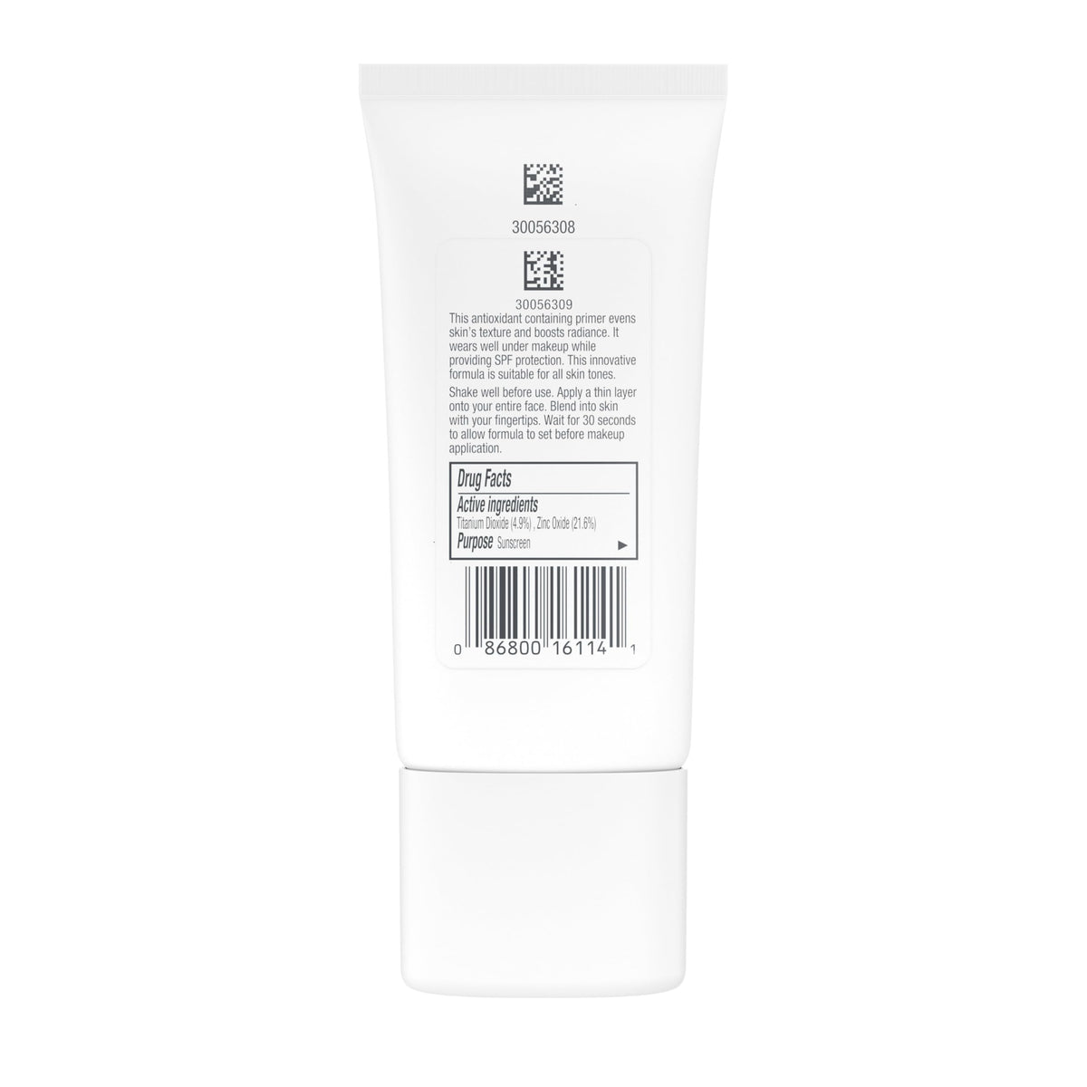Neutrogena primer next to common items for size comparison illustrating one fluid ounce travel-friendly bottle