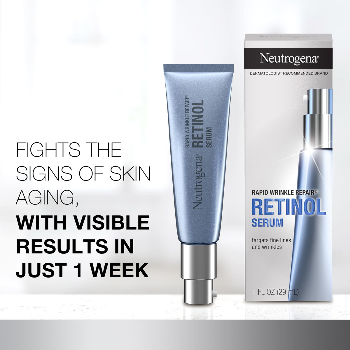 Neutrogena pump dispensing serum highlighting easy application and controlled dosing