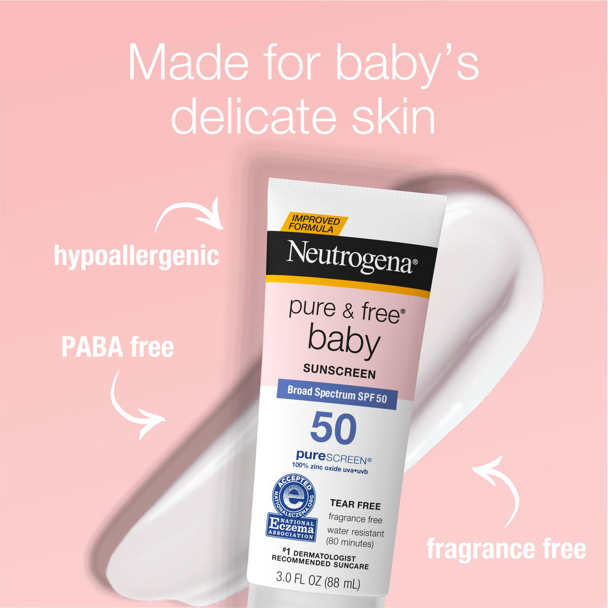 Neutrogena Pure & Free Baby being applied to a child’s arm for skin protection