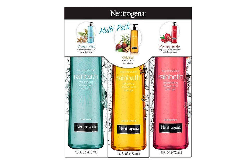 Neutrogena Rainbath three 16 fl oz bottles front view showing scent labels and easy-grip benefit