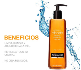 Neutrogena Rainbath in-shower use demonstrating easy pump dispensing and smooth skin benefit