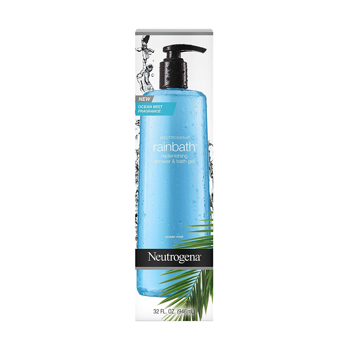 Neutrogena Rainbath size comparison bottle next to towel showing large-capacity convenience