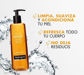 Neutrogena Rainbath gel texture close-up illustrating silkening, moisture-rich lather