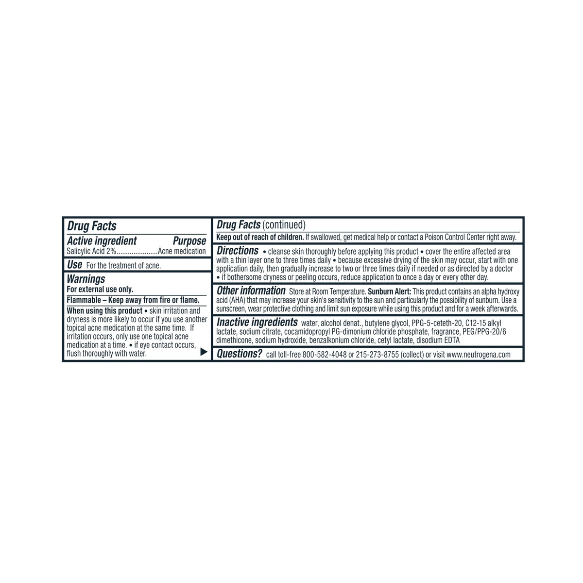 Neutrogena ingredient label close-up showing 2% salicylic acid concentration