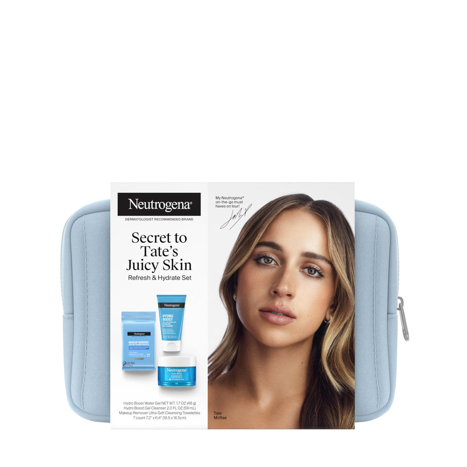 Neutrogena front packaging showing the three-piece travel set and clear benefits