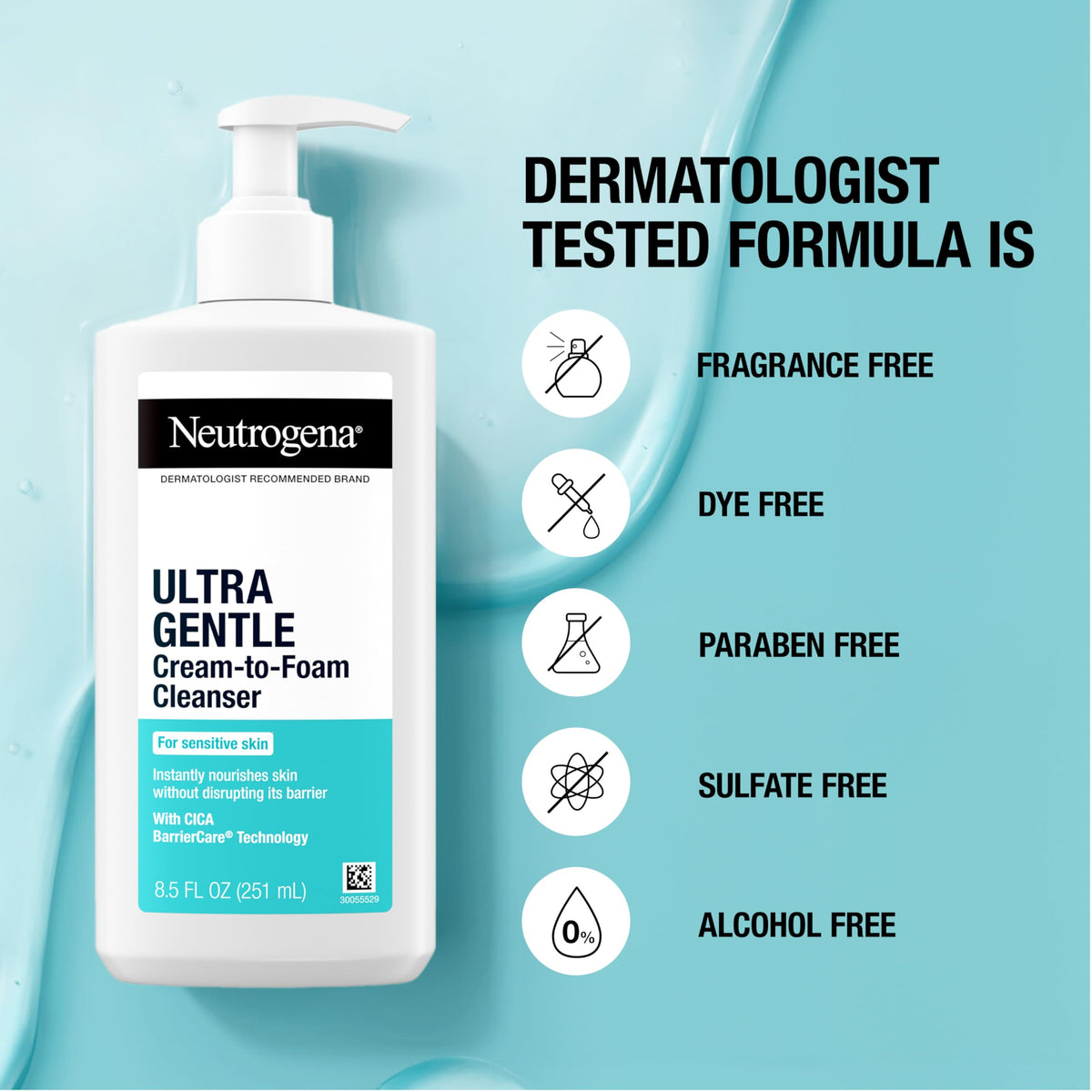 Neutrogena size and scale next to hand showing 8.5 oz bottle portability and value