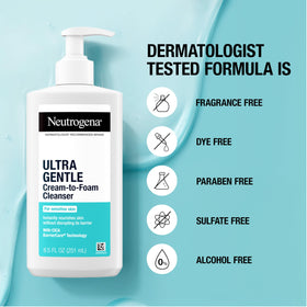 Neutrogena size and scale next to hand showing 8.5 oz bottle portability and value