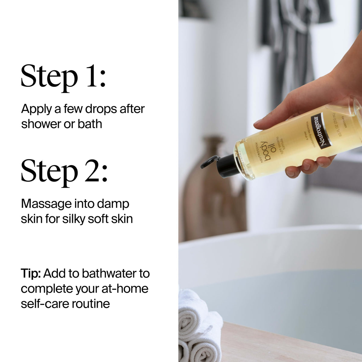 Hand holding Neutrogena bottle to show 8.5 fl oz scale benefit