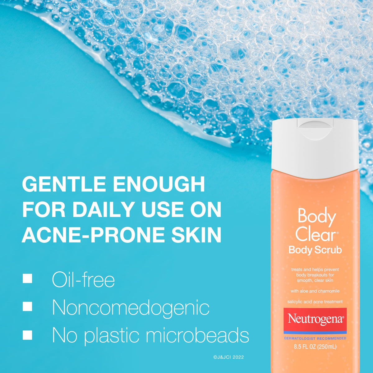 Neutrogena bottle beside hand for scale to show the 8.5 fl oz size
