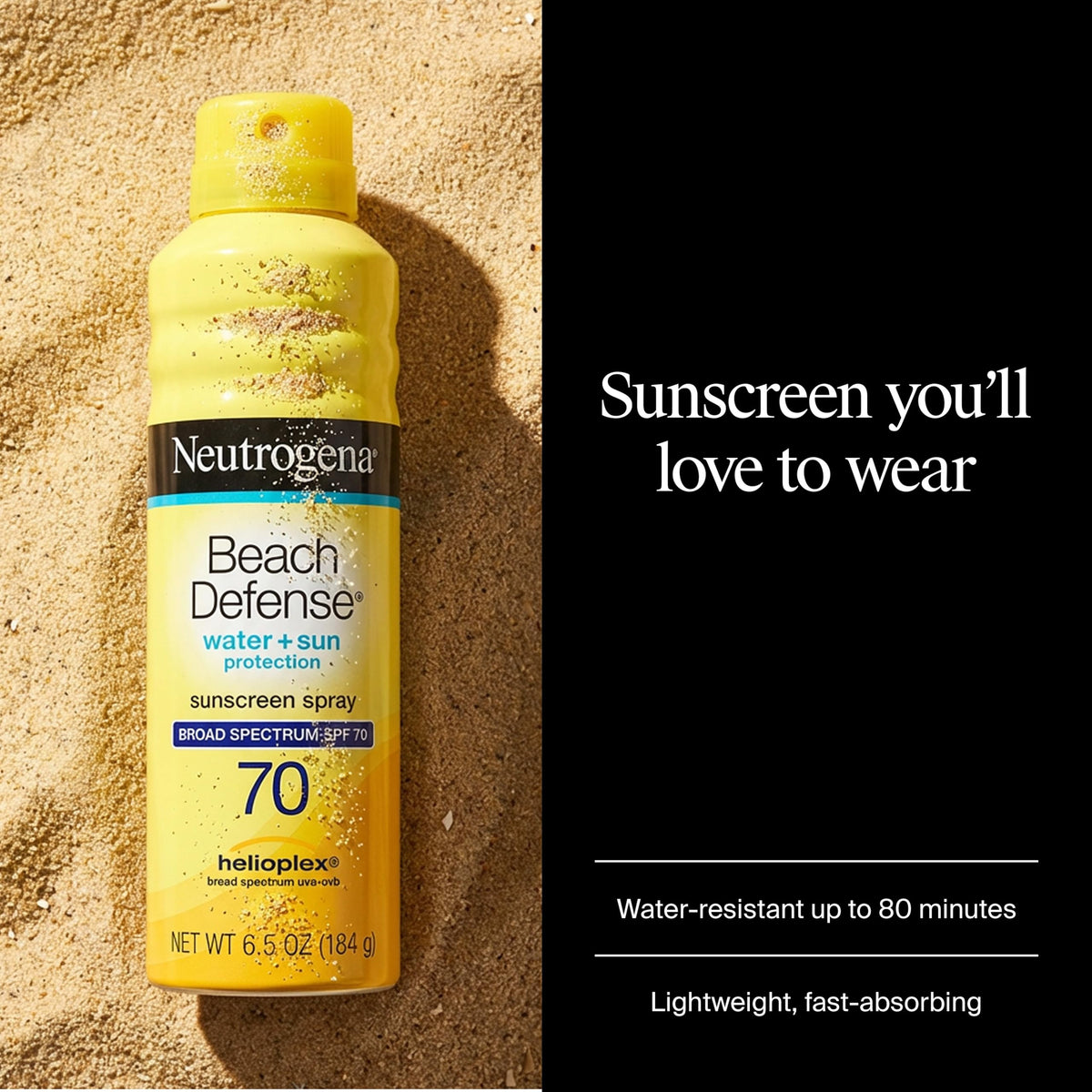 Neutrogena spray nozzle close-up illustrating easy, even application benefit