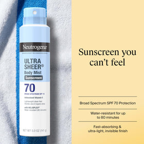 Neutrogena spray action closeup demonstrating fine mist application and quick coverage